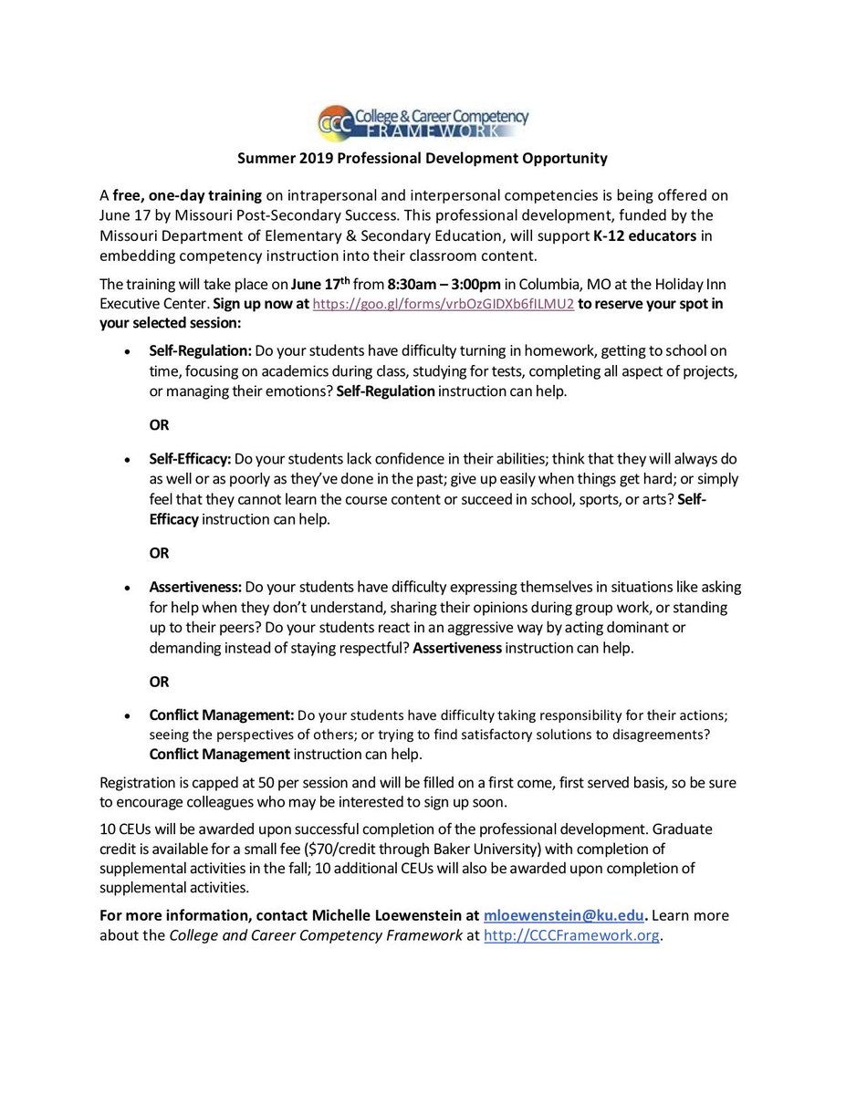 TheCCCFramework's tweet image. MO educators are invited to attend a free #SEL conference sponsored by @DESE where participants will learn strategies to develop #selfregulation, #selfefficacy,#assertiveness, and #conflictmanagement in their students. Register at: bit.ly/2LmB8na #showmesuccess #moedchat