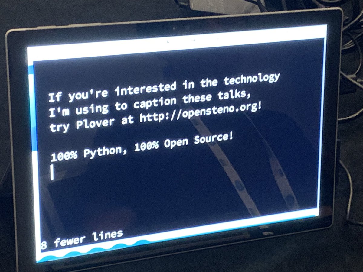 I was very impressed with the speed of real time transcription going on on one maxi screen behind the speakers here at #PyCon2019, so I went to ask about it. It turns out it’s not a speech to text tool, but a person typing very fast! Check out opensteno.org to see more