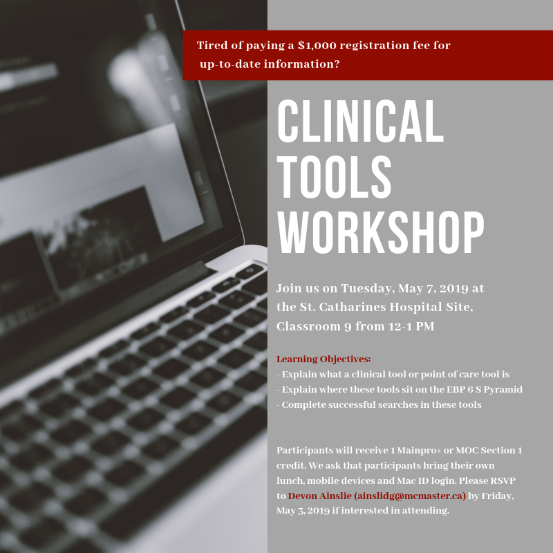 MacMedNRC's tweet image. Spots are still available for our workshop on clinical library tools, happening Tuesday at SCS classroom&apos;s 8 &amp;amp; 9. Make sure you have your Mac ID activated, for more information DM us. #Niagara #HealthSciences #Librarytools