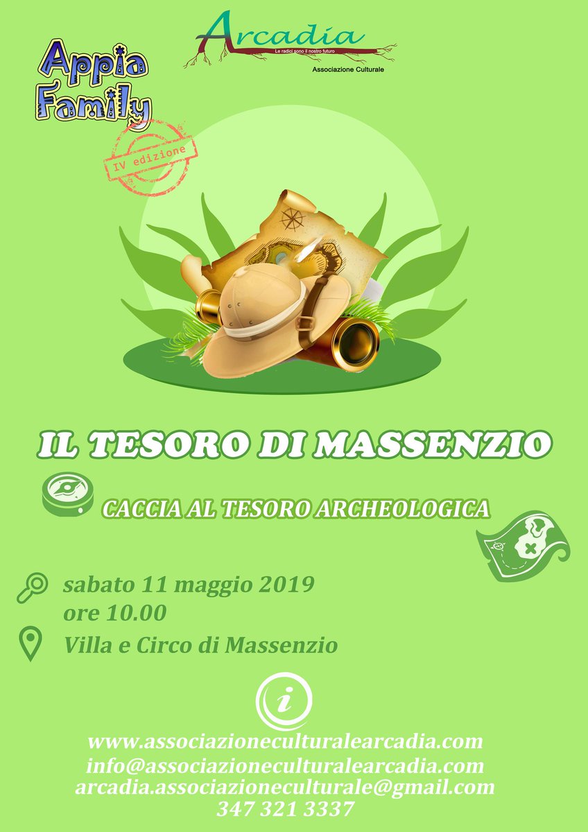 #AppiaFamily IV EDIZIONE
Sabato 11 maggio andiamo insieme alla scoperta del Tesoro di #Massenzio 🔦⚱🔎
Vi aspettiamo all'#AppiaDay 2019!

INFO
associazioneculturalearcadia.com

#arcadia
#associazioneculturalearcadia
#citofonarearcadia
#roma #VillaDiMassenzio #AppiaAntica #kids