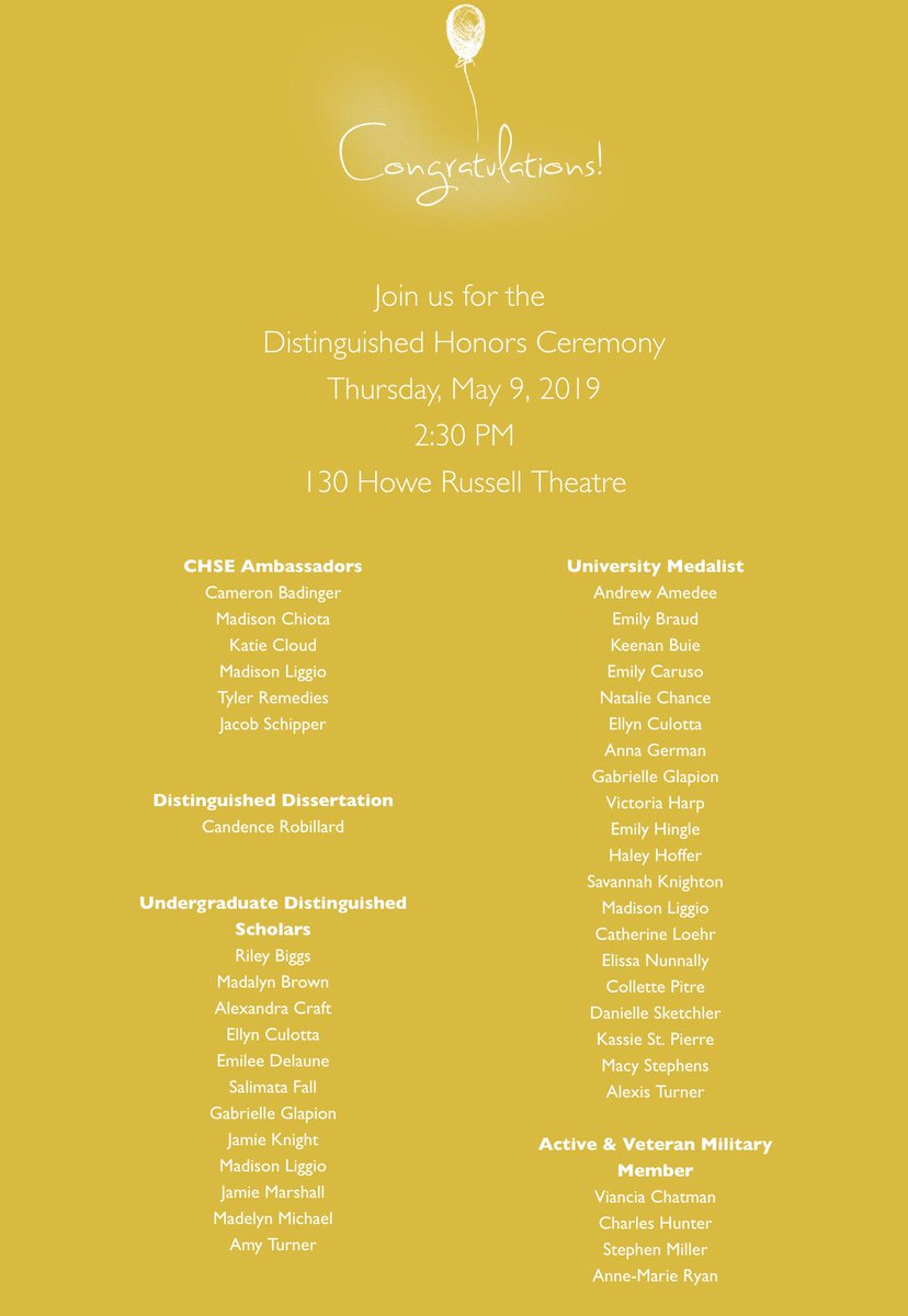 LSUChildFa5's tweet photo. Congratulations to all of our seniors being awarded at the @LSUCHSE Distinguished Honors Ceremony next week! Madison Chiota, CHSE Ambassador; Salimata Fall, Undergraduate Distinguished Scholar; Collette Pitre, University Medalist; and Viancia Chatman, Active &amp; Veteran Military. https://t.co/gj6yNYHC5o