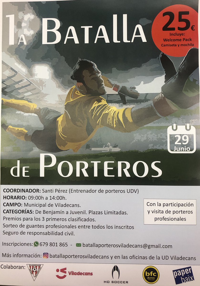BATALLA PORTEROS⚽️UD VILADECANS 
Primera Batalla de PORTEROS <a href="/UD_Viladecans/">UD Viladecans</a> bajo la tutela de nuestro portero del primer equipo <a href="/1SantiPerez/">Santi Pérez Muñoz</a> .

📅29/6/19
⏰ 9:00 a 14:00
📌Municipal #Viladecans 

Os esperamos !!!!
<a href="/ViladecansTweet/">AjuntamentViladecans</a> #futbolcat #batallaporteros