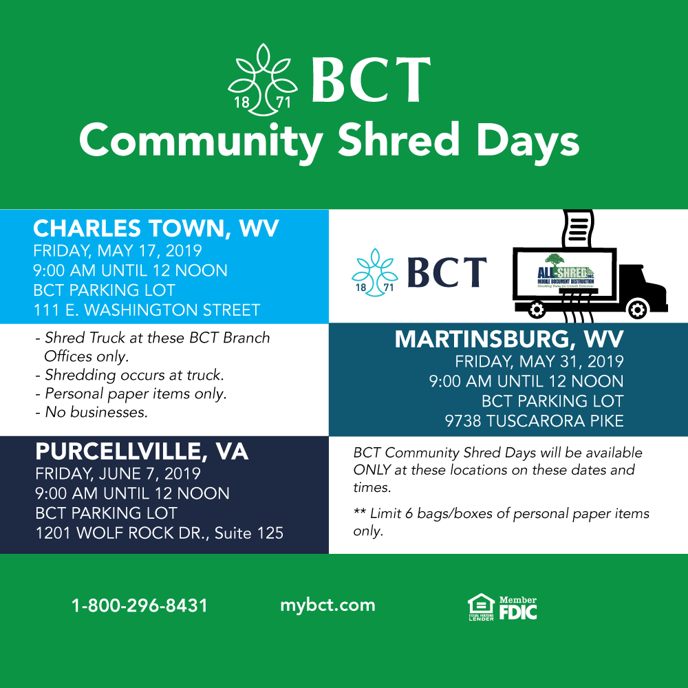 Potomac_Bank's tweet photo. BCT's Community #ShredDays are coming! Schedule: May 17-Charles Town; May 31-Martinsburg; June 7-Purcellville. 9am-Noon at all three locations. Personal paper only, no businesses. Limit 6 bags/boxes. Happy Shredding! For flyer, click: https://t.co/SLUBuAx9QQ #BCTCommunity https://t.co/wRIlMZqSTf