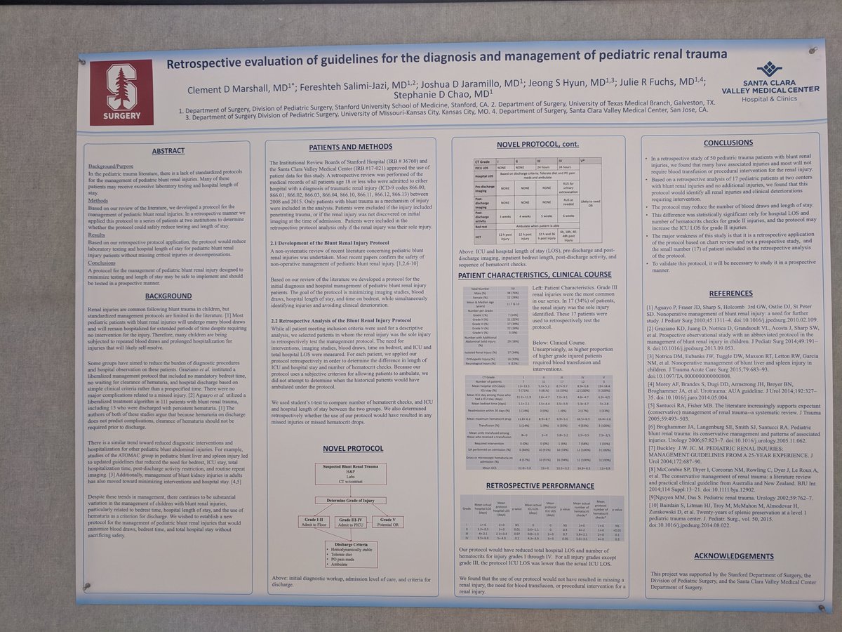 General surgery resident @ClemMarshallMD  with his poster on #research done with the #PedSurg team at #Holman19. Retrospective evaluation to improve #patientcare and reduce blood draws and length of stay. Great job, Clem!