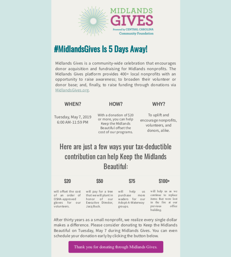 As you consider donating to #KeeptheMidlandsBeautiful during #MidlandsGives, keep these points in mind.  Your contribution to KMB isn't about us- it's about our volunteers!