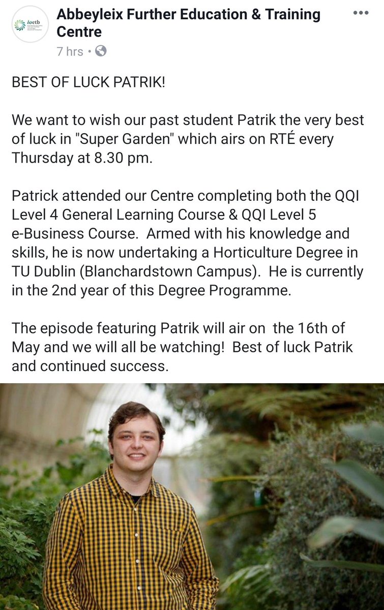 Abbeyleix Further Education and Training Centre (@abbeyleixfetc) on Twitter photo Best of luck to past student Patrik in Super Garden on RTË <a href="/laoisoffalyetb/">Laois and Offaly ETB</a> <a href="/aontas/">AONTAS</a> <a href="/SOLASFET/">SOLAS</a> <a href="/LaoisToday/">Laois Today</a> <a href="/abbeyleixbog/">Abbeyleix Bog</a> <a href="/LOETBapprentice/">LOETB Apprenticeships</a> <a href="/rte/">RTÉ</a> Best of luck to past student Patrik in Super Garden on RTË <a href="/laoisoffalyetb/">Laois and Offaly ETB</a> <a href="/aontas/">AONTAS</a> <a href="/SOLASFET/">SOLAS</a> <a href="/LaoisToday/">Laois Today</a> <a href="/abbeyleixbog/">Abbeyleix Bog</a> <a href="/LOETBapprentice/">LOETB Apprenticeships</a> <a href="/rte/">RTÉ</a>