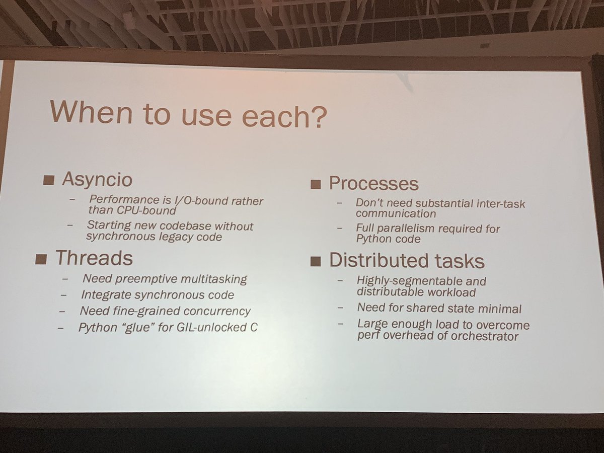 Just watched @transgingerjess’s talk  about concurrency models in Python and, even though it reminded me of hard times in school learning about threads and processes, I found it very useful. I hope she posts her slides very soon! #PyCon2019