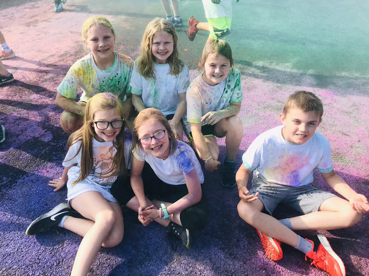 MrsFergusonAES's tweet photo. We had FUN today!! What a way to celebrate a year of hard work and growth! Great job AES PTO and staff. We all LOVED the color run, kickball tournament, and Kona Ice. Parents...I’m sorry. They are a MESS! #TribeOnTheMove https://t.co/gJatdMfEgL