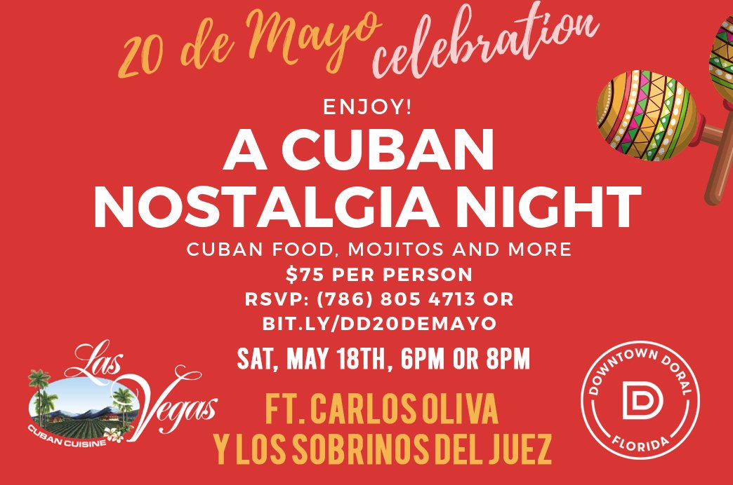 vbian004's tweet photo. Anyone want to enjoy a Cuban nostalgia night with their fam? Enjoy Cuban food, mojitos, hand-rolled cigars and a night of dancing at this #20demayo event ft. the legendary Carlos Oliva y Los Sobrinos del Juez 💃 https://t.co/3EA4fi9qGW