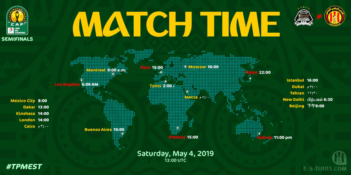 Good Morning all / صباح الخير جميعا / Bonjour à tous

🔥❤️💛 MATCHDAY 💛❤️🔥

⚽ 🇨🇩<a href="/TPMazembe/">TP Mazembe</a> 🆚 <a href="/ESTuniscom/">Espérance de Tunis ❤️💛 الترجي التونسي</a>🇹🇳
🕙 Today @ 14:00 (UTC+1)
🏆 #TotalCAFCL semifinals
🏟 Stade TP Mazembe
📲 #TPMEST
📺 <a href="/beINSPORTS_MENA/">beIN SPORTS</a> HD 1
🎙️ <a href="/Chaouali1970/">ℑ𝔰𝔰𝔞𝔪 ℭ𝔥𝔞𝔬𝔲𝔞𝔩𝔦</a>