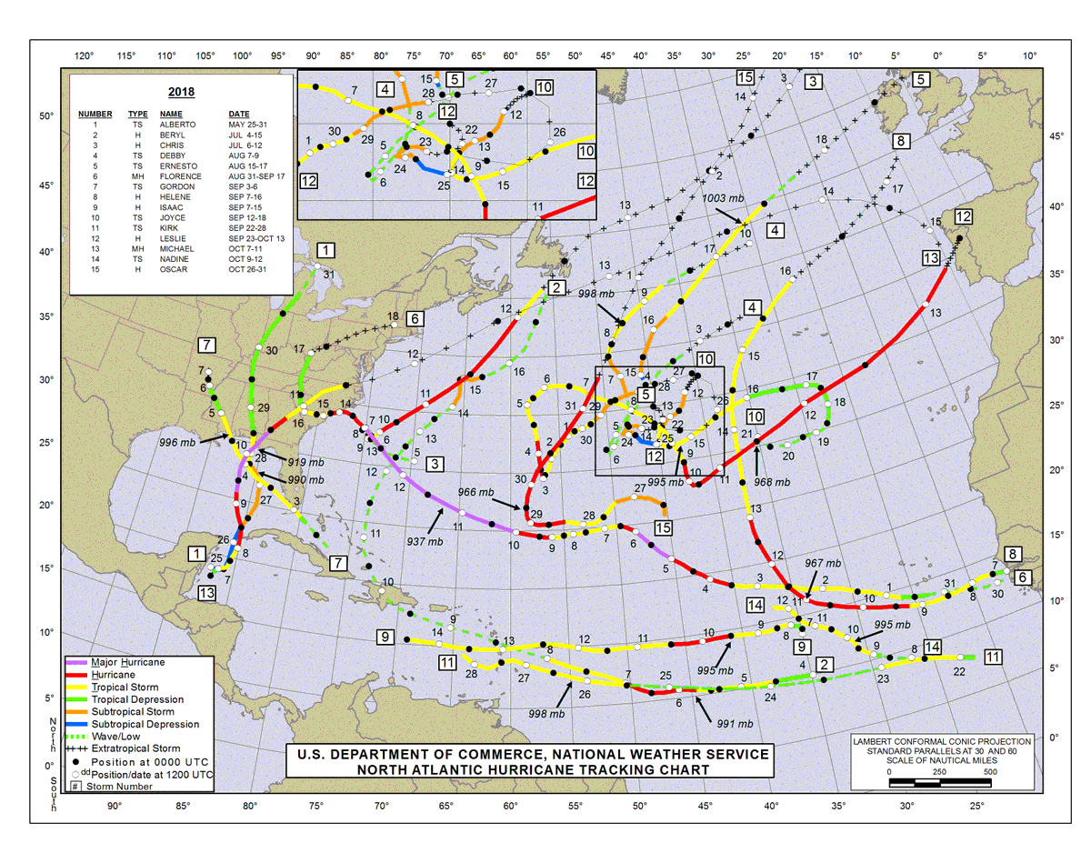 NHC_Atlantic's tweet photo. NHC has completed its analyses of all 16 Atlantic tropical cyclones from 2018. All of the Tropical Cyclone Reports can be accessed via the NHC website at https://t.co/A7PlJUjyAc https://t.co/OQ0Hz8y8Tb