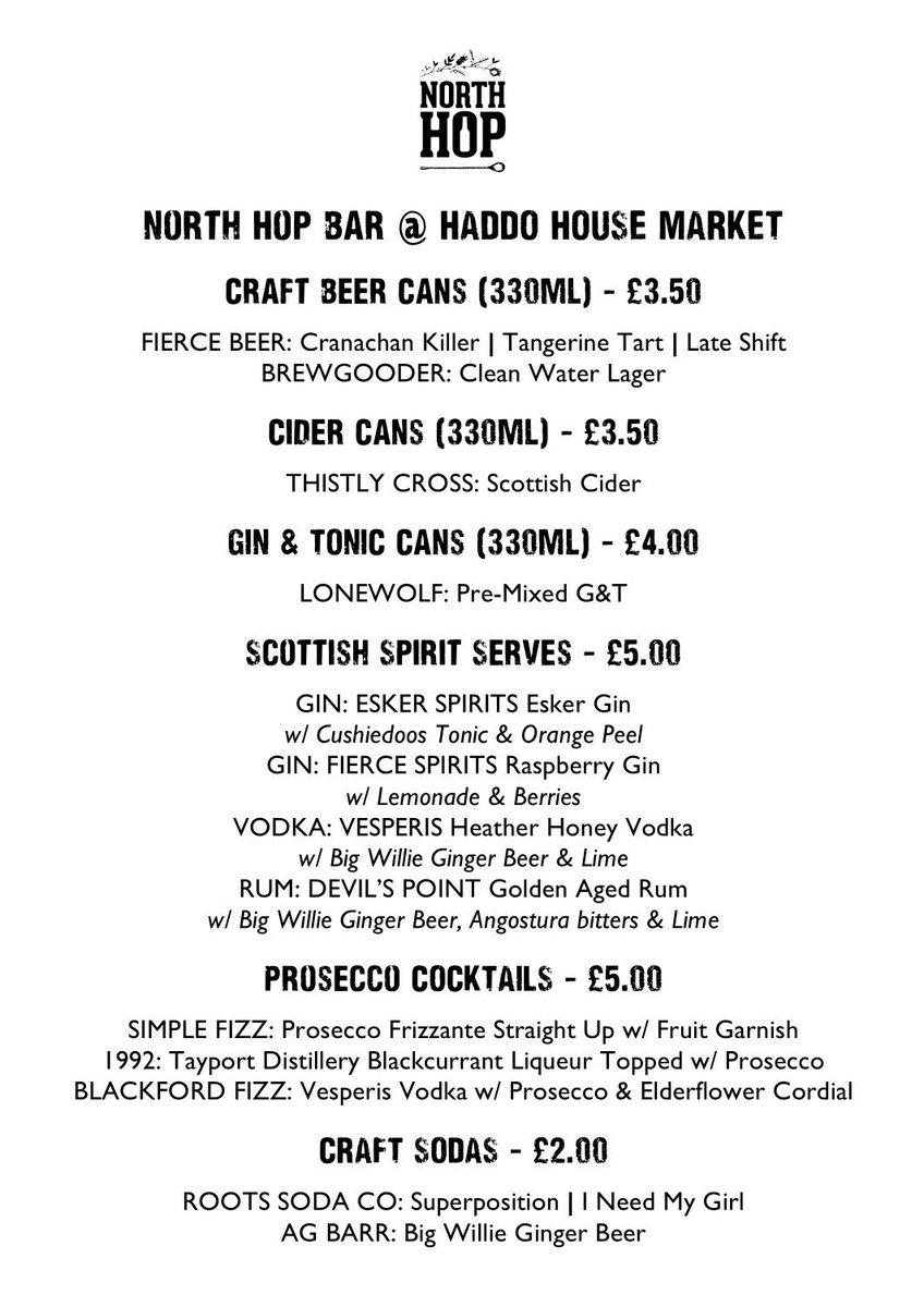 Here’s our North Hop Bar menu for this weekend...lots to choose from and some great local brands being showcased (plus some of our favourites 😍), see you at the bar, slainte! 🍸🍻🥂

TICKETS 👉 universe.com/haddohousemark…