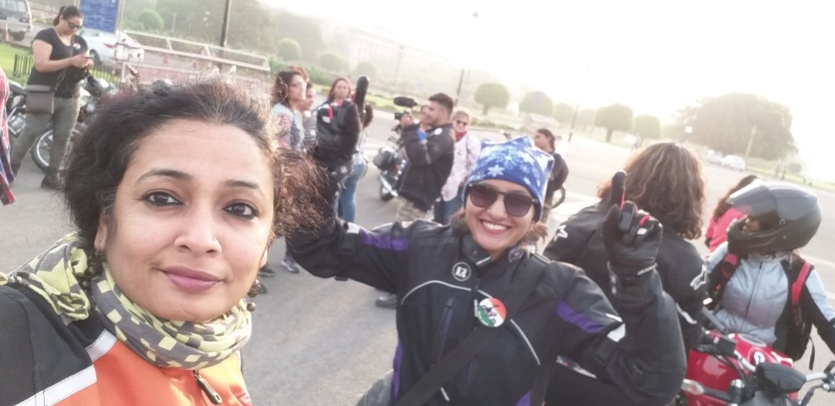 At Vijay Chowk, the starting point of a short ride to celebrate IFRD, International Female Riders Day. About 30 women here, woohoo!
