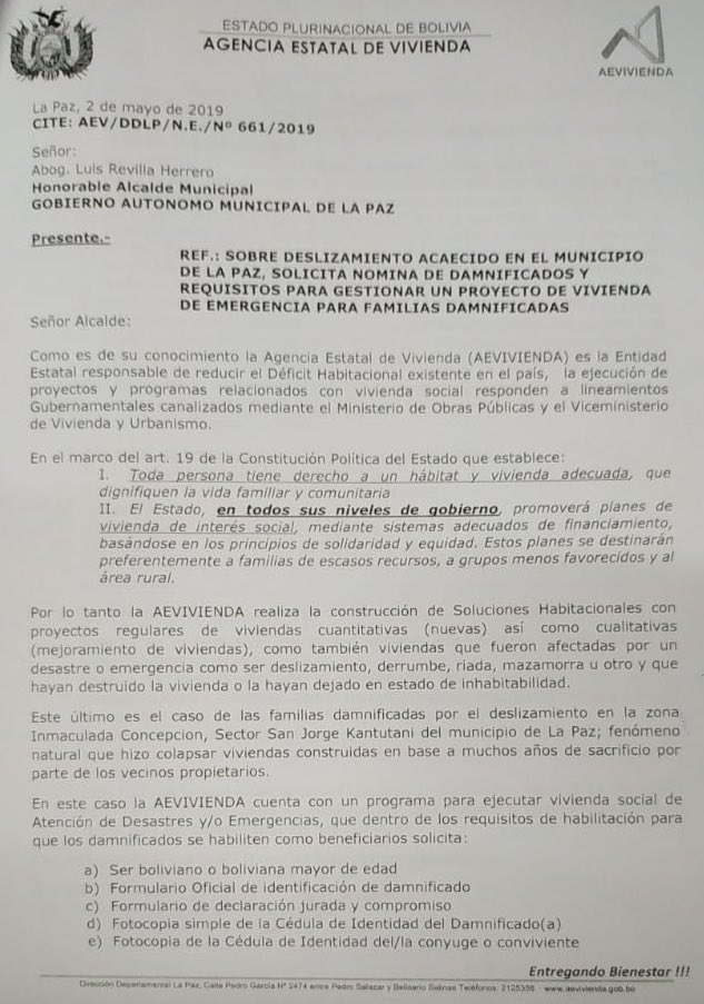 Agradezco al Presidente <a href="/evoespueblo/">Evo Morales Ayma</a> por la instrucción de llevar adelante un Plan de Vivienda para los damnificados. Tal como nos lo solicitan, informaremos a la Agencia estatal de vivienda, los datos requeridos para que esta decisión se materialice lo más pronto posible