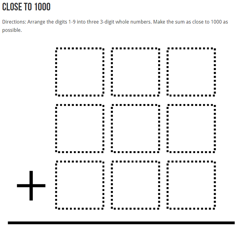 robertkaplinsky's tweet photo. How close can your second and third graders get as to 1000 with this @openmiddle problem? Who needs a worksheet when kids are fighting to get the closest?! https://t.co/3qyoObPqdZ #iteachmath #MTBoS https://t.co/dX6KUus0kV