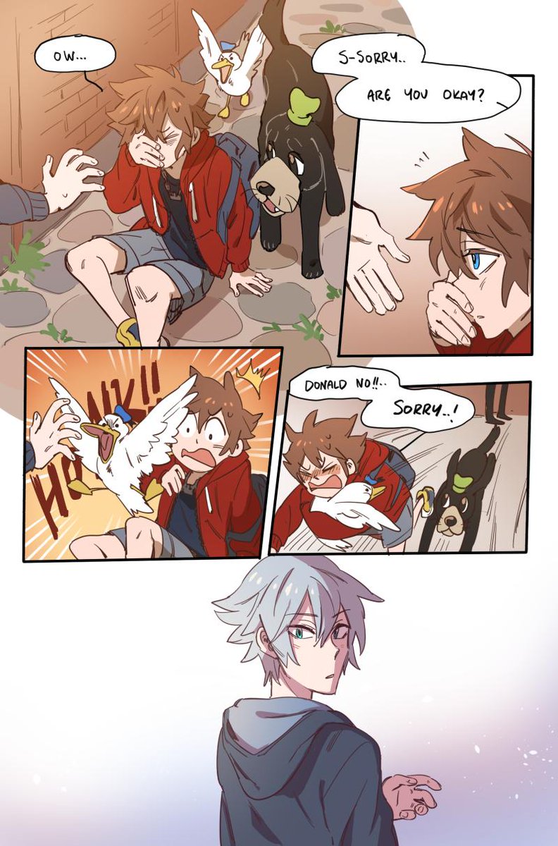 ...........yep. comic time yeehaw ? More of the KH AU that ppl liked so much, sso Sora is all awkward and nervous around ppl oh no but with Donald and Goofy he can be happy cheerful himself. also enter Riku because.... Riku 