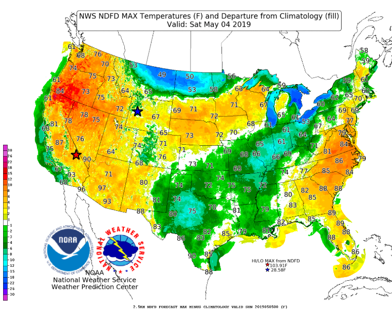NWS's tweet photo. Here are the #forecast high #temperatures across the country for #Saturday, May 4. Several warm spots w/ above average temperatures: Mid-Atl to #Southeast, parts of Upper Midwest and much of the #West. Below average temperatures from #TX to OH Valley and the northern Plains. https://t.co/mguVq0IsVl