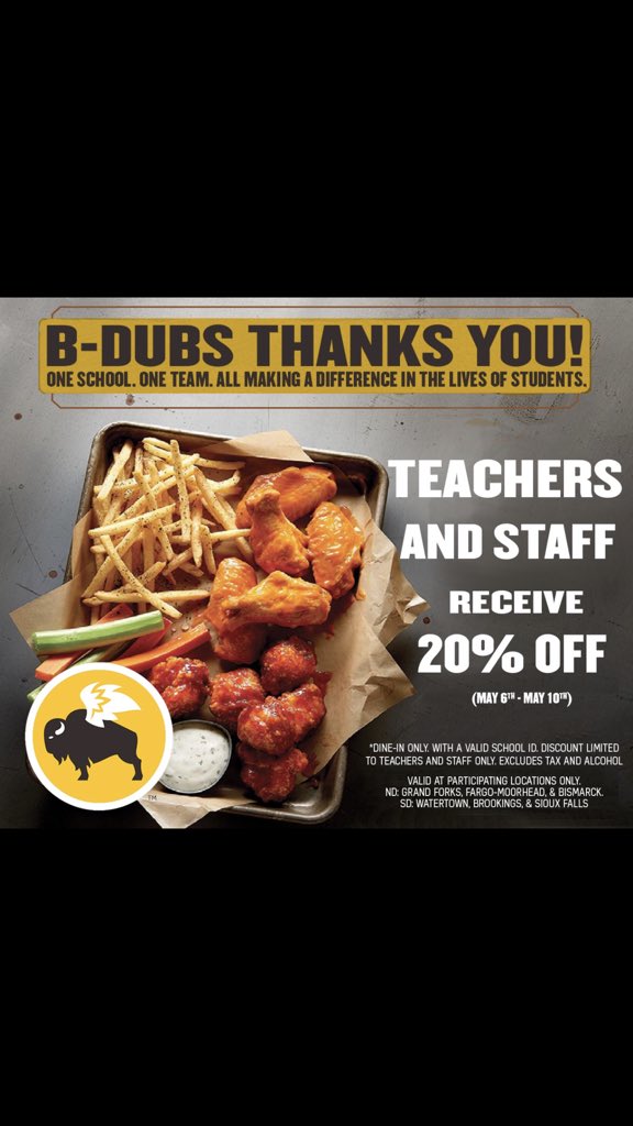 Kayla Erickson (@kaylaerickson86) on Twitter photo <a href="/GFSchools/">Grand Forks Public Schools</a> teachers and staff! Bring your ID next week into BWW for a discount on your dinner! <a href="/GFSchools/">Grand Forks Public Schools</a> teachers and staff! Bring your ID next week into BWW for a discount on your dinner!