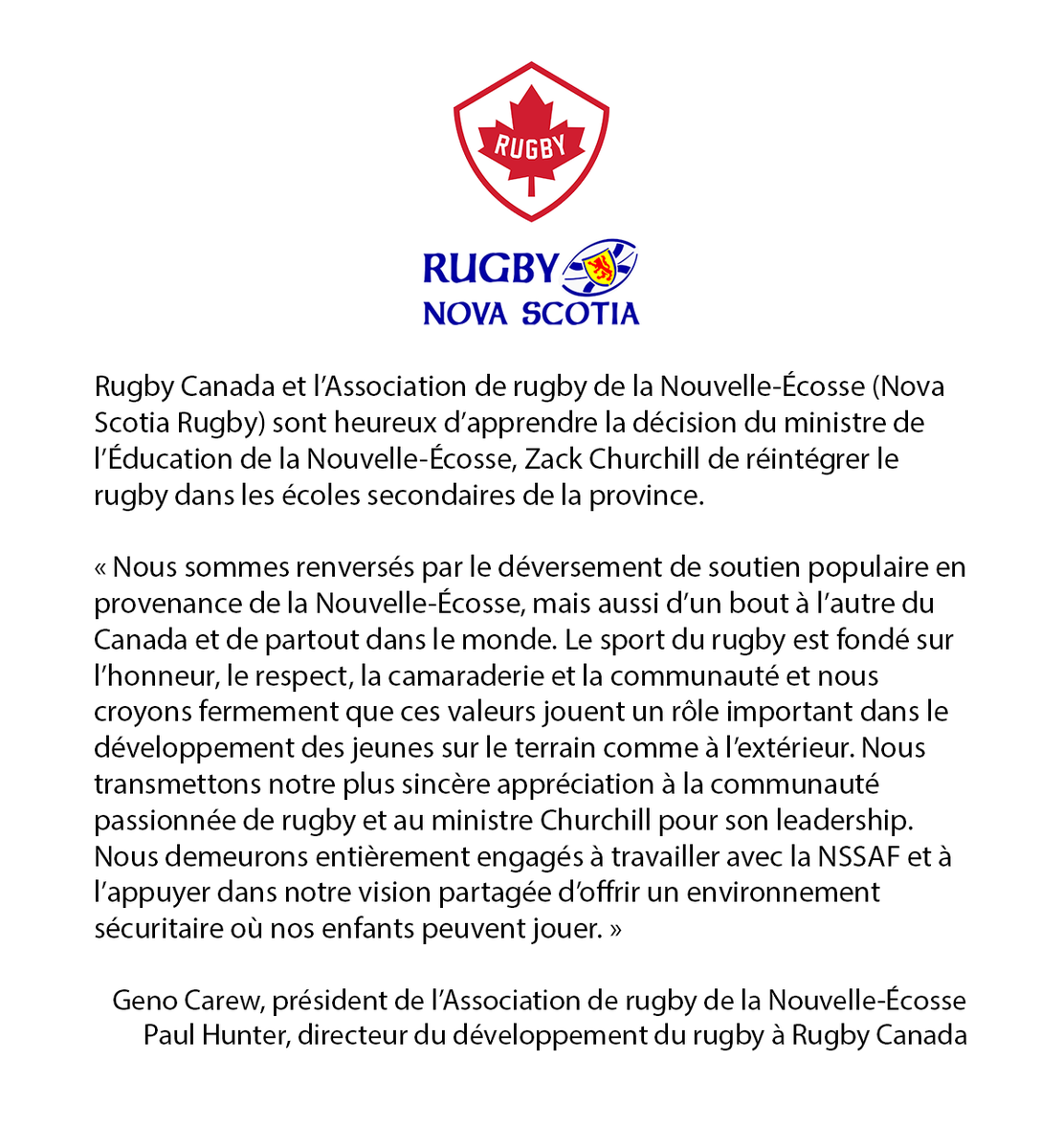 RESPONSE: Rugby re-instated in Nova Scotia's high-schools

ANNONCE: Le rugby est ré-établi dans les écoles secondaires de la Nouvelle-Écosse
