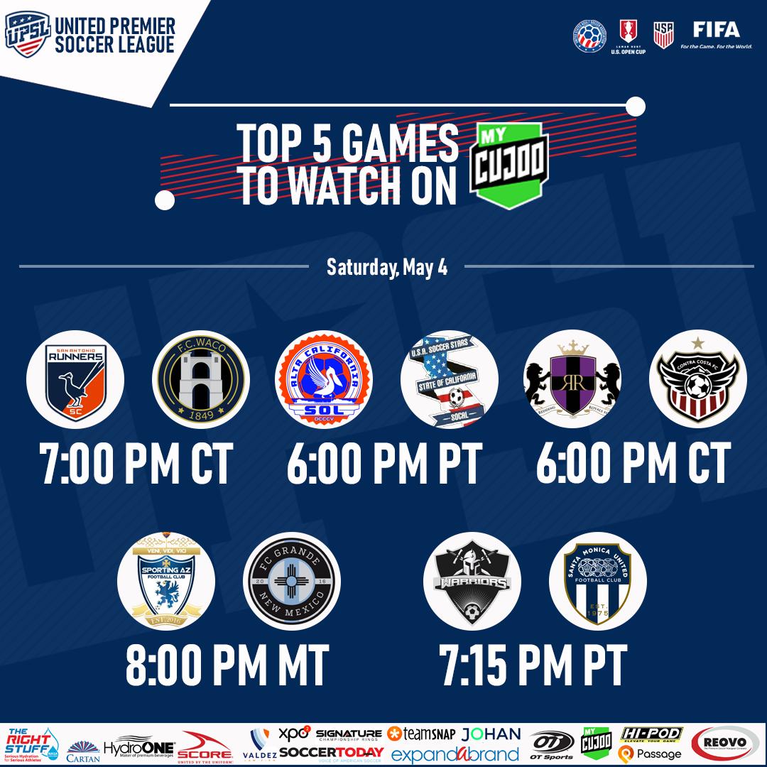 #Top5UPSL #Mustwatch on @MyCujoo :

1/ <a href="/sarunnerssc/">San Antonio Runners</a>  vs @fcwaco 
2/ @altacalsol vs @soccer20us 
3/ <a href="/reddingroyalsfc/">Redding Royals FC</a>  vs <a href="/ContraCostaFC/">Contra Costa FC</a> 
4/ @SportingAZFC  vs <a href="/FCGrande16/">FC Grande</a> 
5/ Warriors FC vs Santa Monica United FC

Preview with links to watch:
bit.ly/2DOpQBN