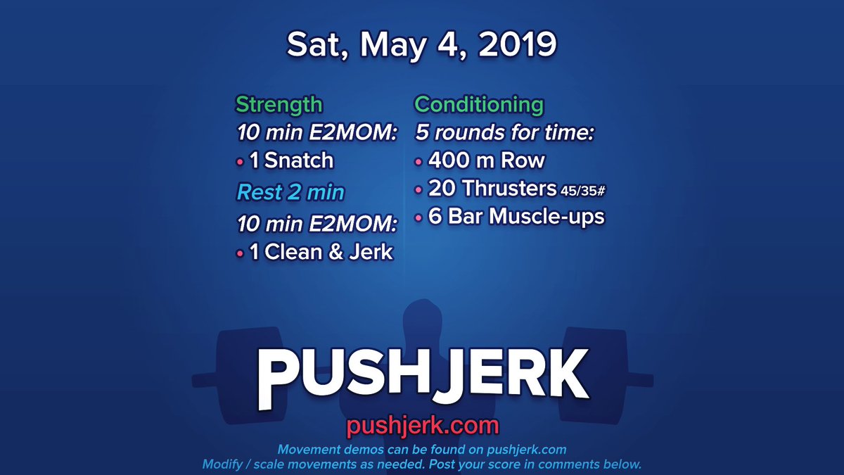 PushJerk's tweet photo. Sat, May 4, 2019 โข https://t.co/46IJmcscNo
#garagegym #crossfit #wod #workoutoftheday #snatch ๐๏ธโโ๏ธ #cleanjerk ๐ฟ๐ #row ๐ฃ #thrusters ๐ #barmu โ๐ช https://t.co/dhFmn6V0RT