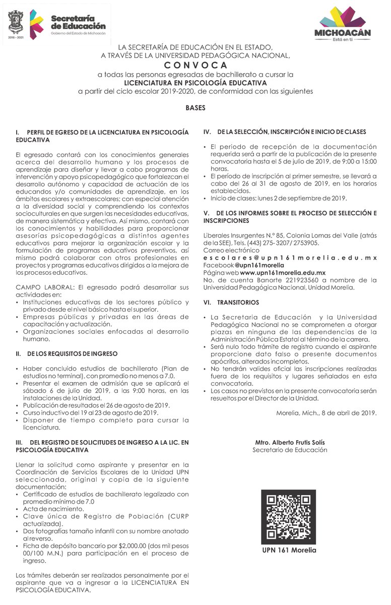 UPN161Morelia's tweet photo. Convocatoria #LPE #Licenciatura en #Psicología #Educativa 2019-2020, Inscríbete ahora! https://t.co/v8ncqoxBE4