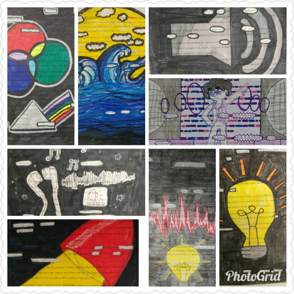 l_mendoza001's tweet photo. Waves Blackout poetry. Ss got super creative in their illustrations depicting energy & waves. Thanks @EhlyMills for the original inspiration.#creativity #ECJHS #poetryinscience https://t.co/5DW6M9Ibhk