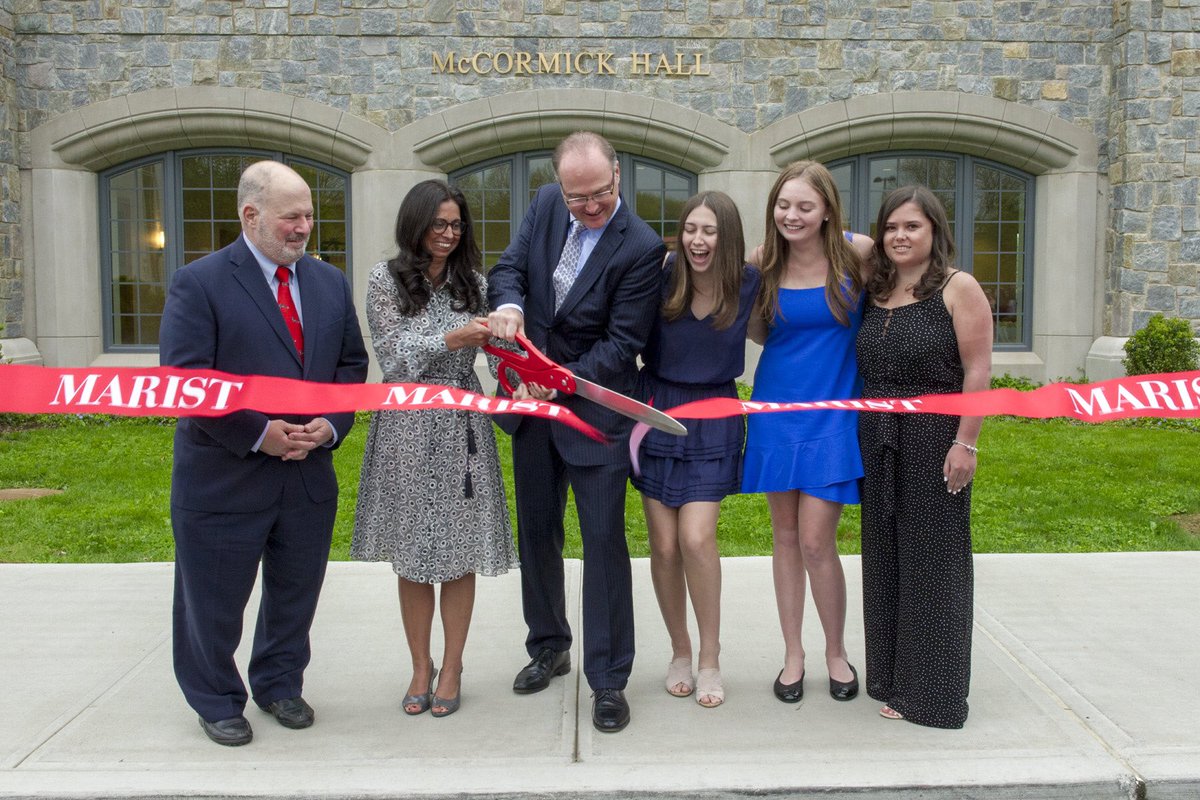 Marist's tweet photo. Today McCormick Hall was dedicated in a campus ceremony with Genine and Michael McCormick ‘88/‘88 and their family. @dnyellen applauded their dedication and generosity to the College. https://t.co/MMutDb7bnc