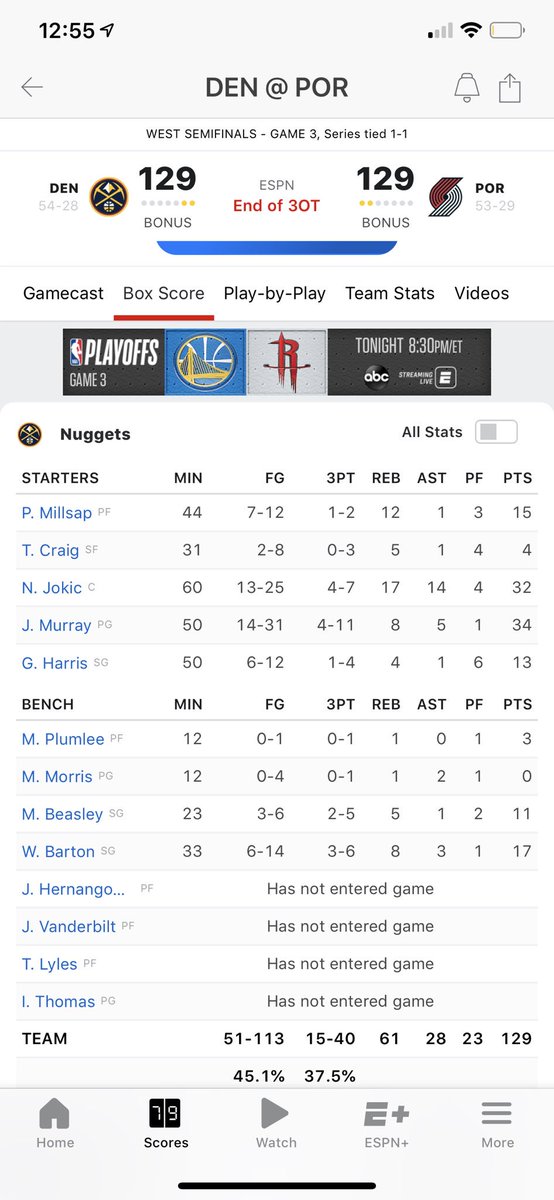 ThatCREWLove's tweet photo. Jokic has to be the first dude in history to play a hour 😂😂 #PortlandDenver https://t.co/LIQYT2BhYy