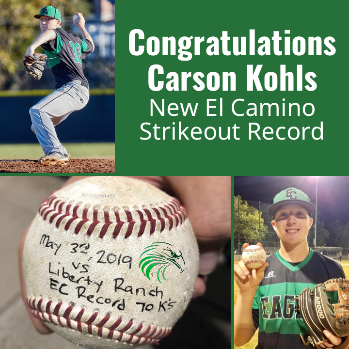 echsconnect's tweet photo. Congratulations Carson Kohls for breaking EC’s Single Season Strikeout Record of 69. He ended tonight’s winning game with 75Ks and will start in Wednesday’s game vs Capital Christian the get a few more! #WeAreEC #ElCaminoPROUD https://t.co/7kaoSTbtWF