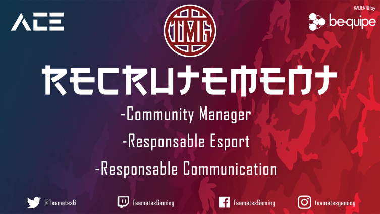 TeamatesG's tweet photo. #Recrutement #staff 

Pour le développement de notre structure nous sommes à la recherche : 

• Responsable communication
• Community Manager
• Responsable Esport 

Merci de #RT pour nous aider! (Poste bénévole) ��

🔴 #TmGk19 https://t.co/973TU5LIaG