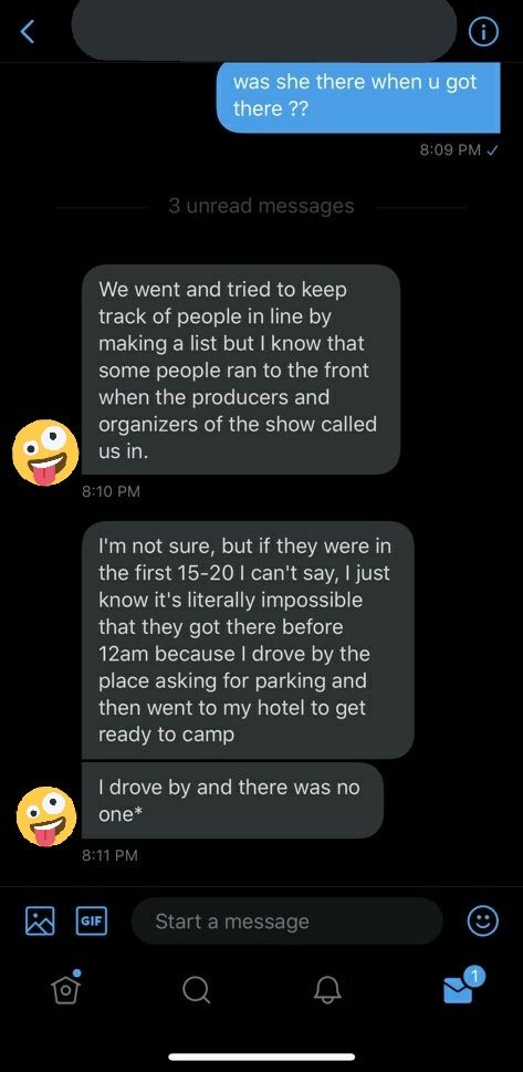also yeah, they were at the front of the line when we arrived (there were about 4 people in front of them). so either way, they must've came early if they were that far up the line... except... I know someone who actually WAS there early and they said no one was there at 11......