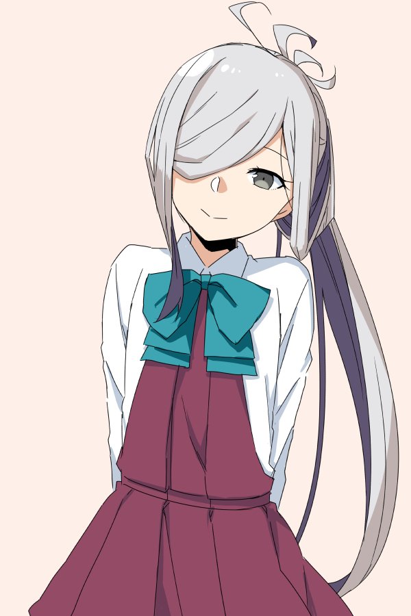 asashimo (kancolle) 1girl solo hair over one eye grey hair long hair ponytail grey eyes  illustration images