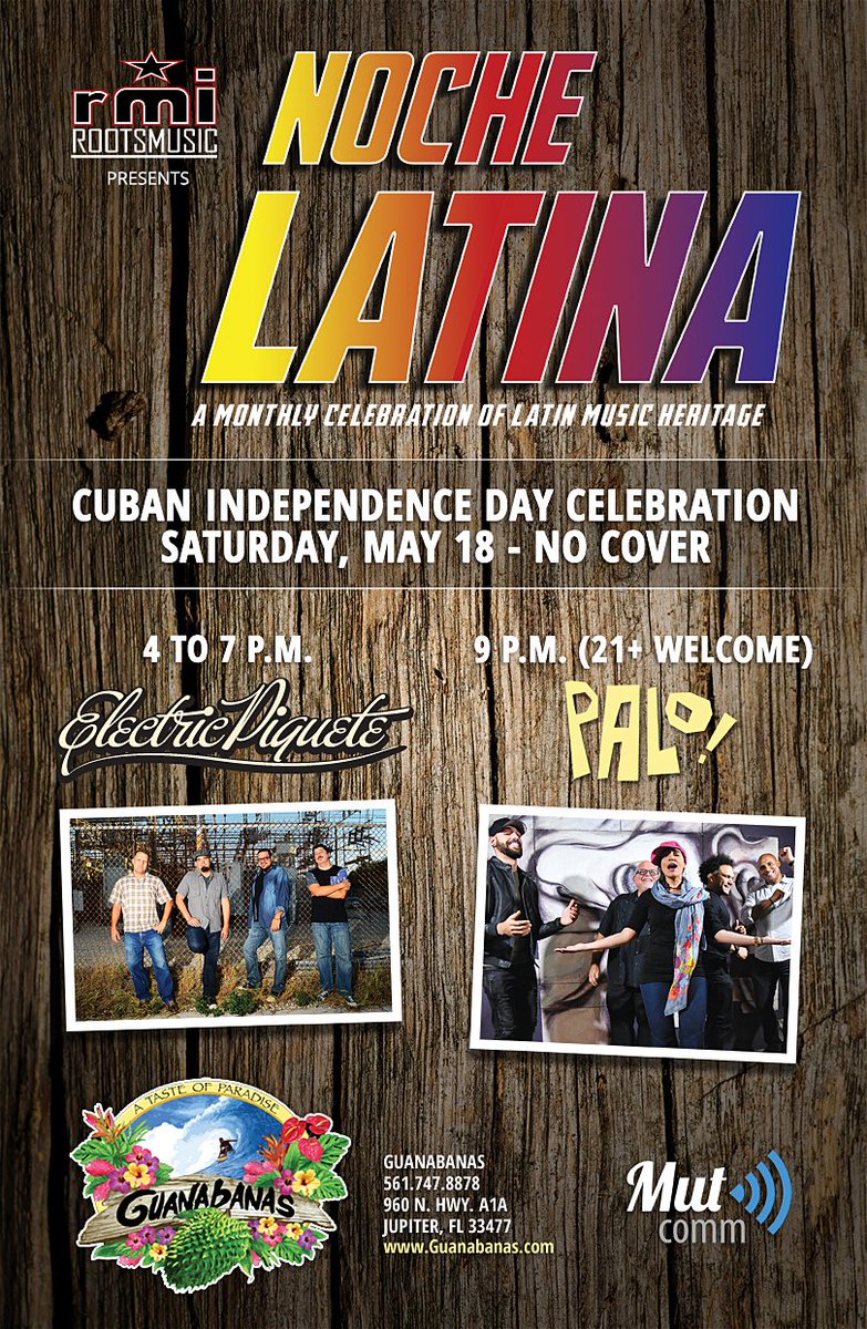 .We can't wait to play the early slot of #NocheLatina at @GuanabanasJup on Saturday, May 18, 2019.  It'll be loads of fun in an enchanting setting + our celebration of Cuban Independence Day! No cover, all ages, 4-7pm. Learn more &amp; RSVP here: facebook.com/events/8290981…..