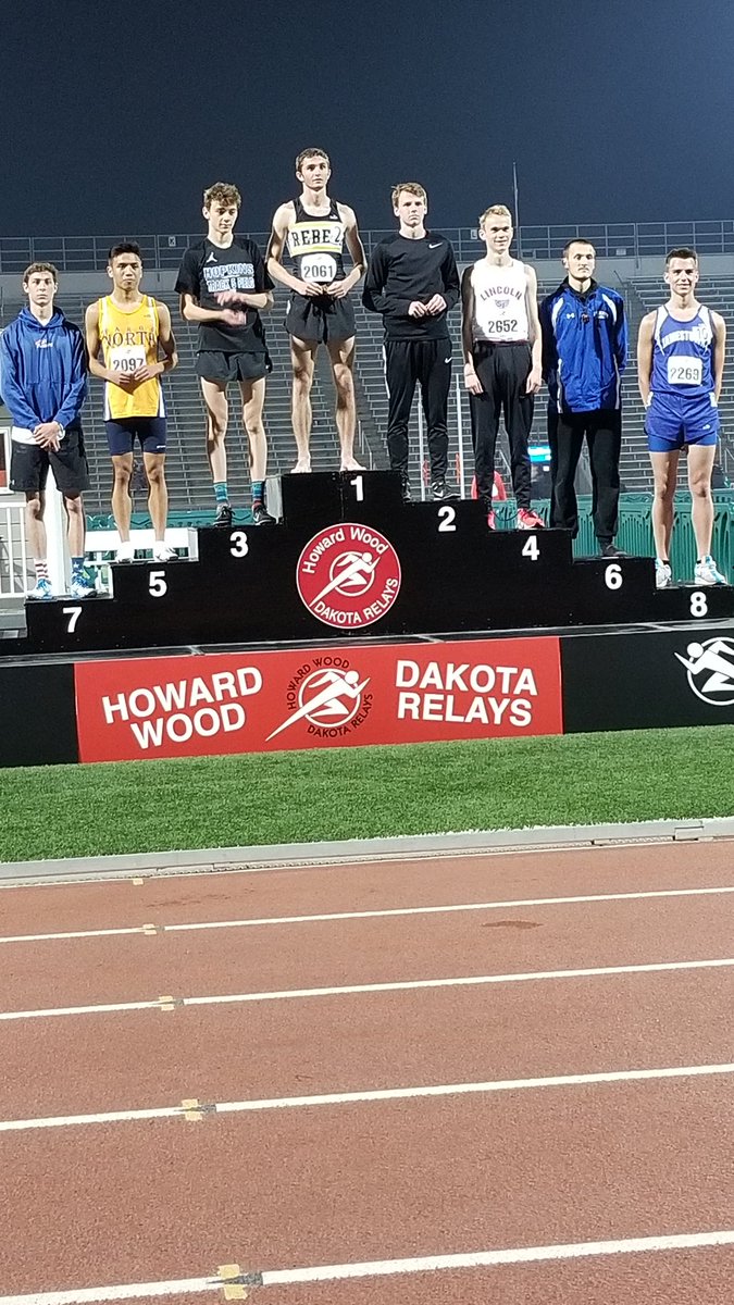 DakotaRelays's tweet photo. The HS boys 3200m finalists!  From Edgeley/Kulm, your winner is Issac Huber in a time of 9:13.71 https://t.co/KGeTxJYbTp