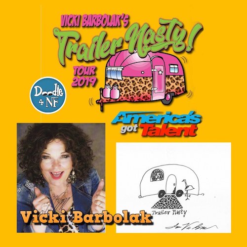 A delightful 'Hanging in my Trailer' doodle by <a href="/VickiBarbolak/">VickiBarbolak</a>, fan fave on #AmericasGotTalent S13. Plus an autographed 8"x10" photo. Catch her #TrailerNastyTour across the USA! - Bid at tinyurl.com/yym3fuaw - <a href="/AGT/">America’s Got Talent</a> #VickiBarbolak #DreamsComeTrue <a href="/nfnetwork/">Neurofibromatosis Network</a> charity auction