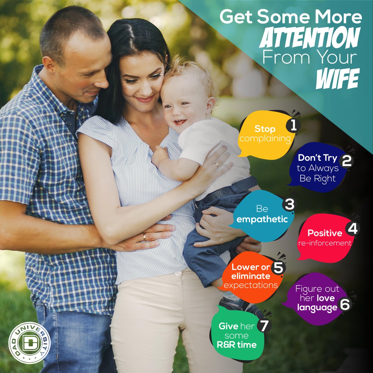 DadUniv's tweet photo. Here are 7 tips on how to get your wife's attention after a #newbaby is born! #empathy #NewDadtips #Dadvice #Parenting #Dadlife #ParentingLife https://t.co/Q3VWiuFdOu
