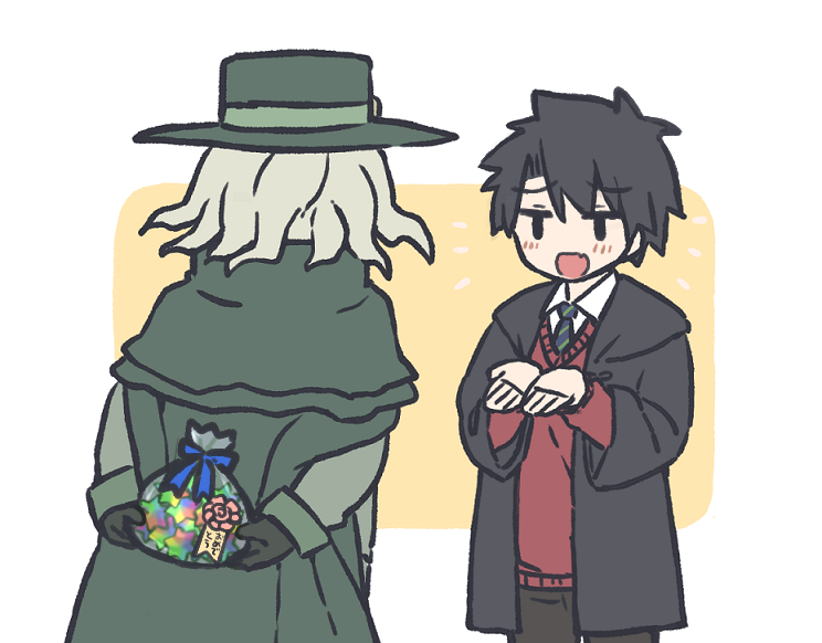 edmond dantes (fate) ,fujimaru ritsuka (male) multiple boys 2boys male focus hat black hair necktie gloves  illustration images