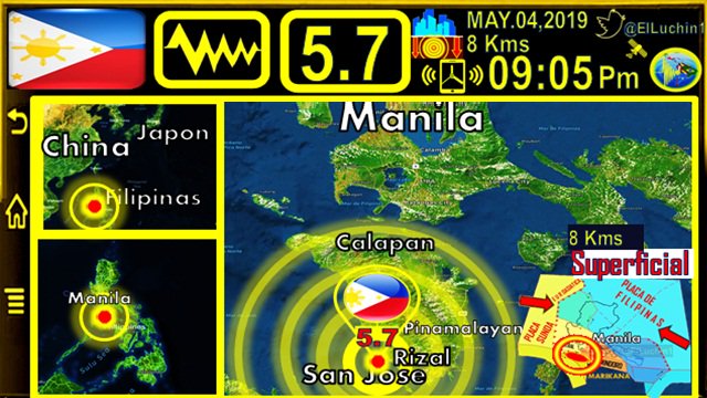 elluchin1's tweet photo. 🇵🇭➡#Sismo 5.7⚡ ⏱09:05 Am H/Filipinas🇵🇭
🔶#Rizal
a 8 Km al SurOeste de #SanAgustin
Profundidad 🔰8 Kms
#Pinamalayan y al Sur de #Manila
#Filipinas 🇵🇭 #Philippines
#Temblor #4May
#FelizSabado #Earthquake https://t.co/gHZjuwBYic