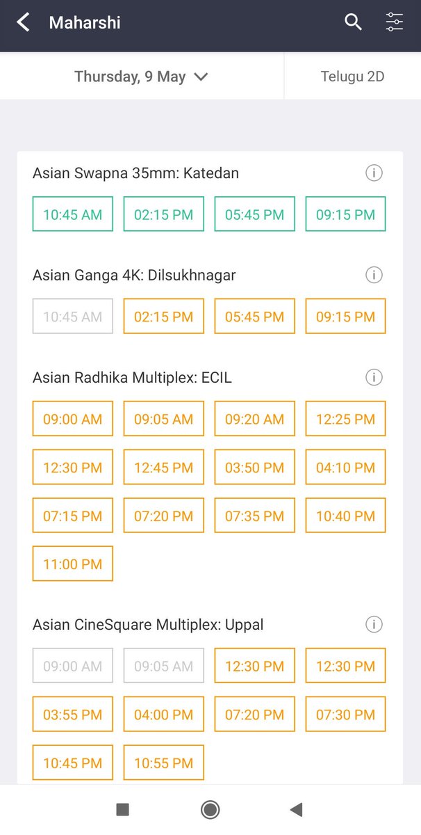 MAHESH_MANIA007's tweet photo. Most of the @AsianCinemas_ opened bookings for #Maharshi in the morning and already most of the shows are fast filling, Sold out👌👍
This time Hiked prices in all single screens in Hyd and with 350+ theater's expecting Non-BB2 record day-1 in Nizam💪🤙
#NizamNawab
#SuperstarAdda https://t.co/B5x7YLbdtO