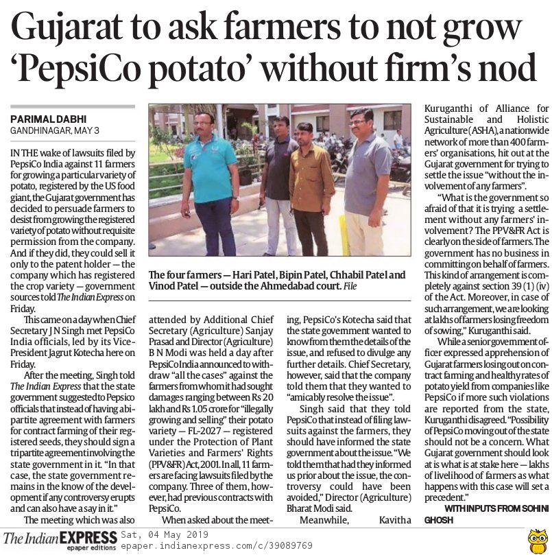 Devinder_Sharma's tweet photo. In a complete U-turn, Gujarat government openly sides with @PepsiCo and is trying to enforce what the company wants. Fails to uphold farmer's right as enshrined under #PVPFRA law. This is outrageous. @vijayrupanibjp https://t.co/ZcDU06N7IP