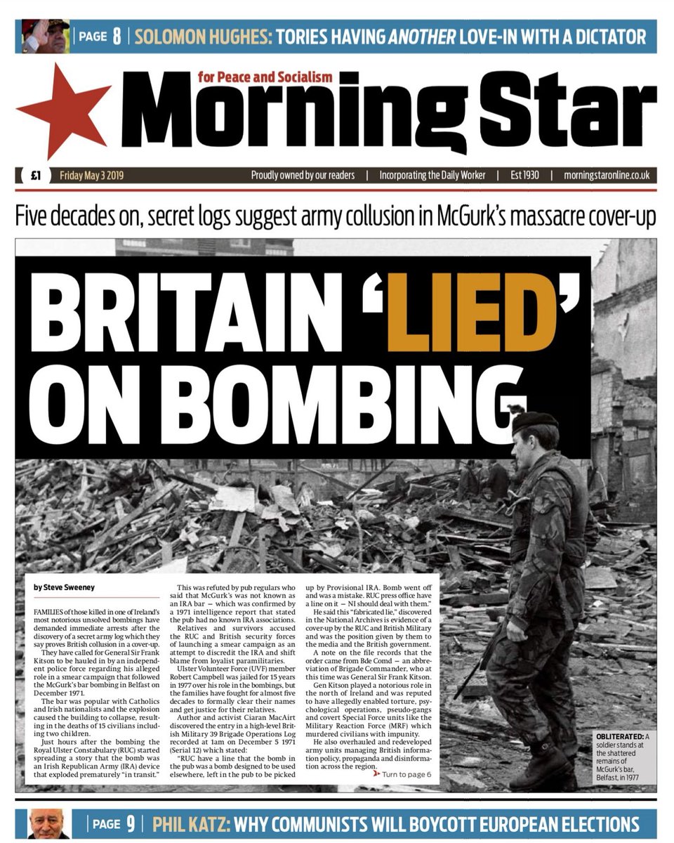 Morning Star in Britain. Read it online: Five decades on, secret logs suggest British army collusion in 1971 massacre #McGurks #FrankKitson morningstaronline.co.uk/article/w/brit…