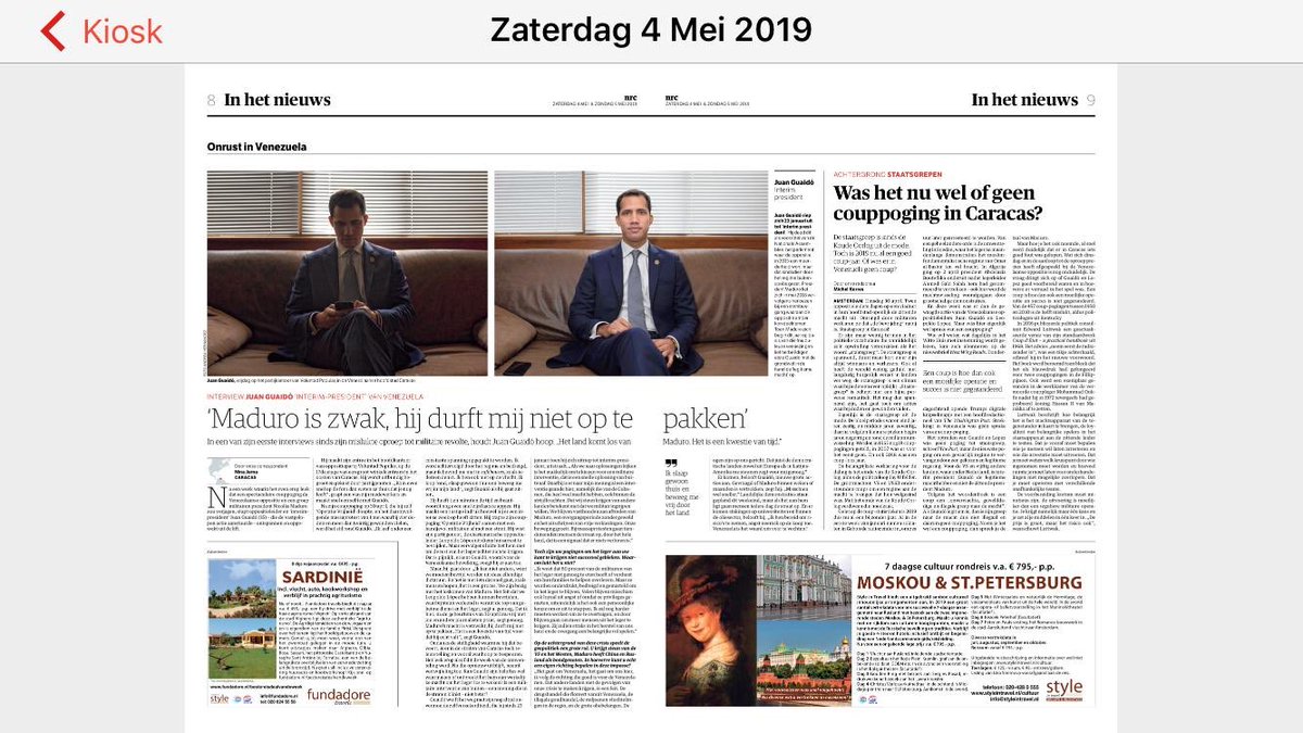 NinaJurna's tweet image. Vandaag ⁦@nrc⁩ mijn interview  met #JuanGuaido die na zijn poging tot machtsovername gewoon vrij rondloopt, thuis slaapt, en voor dit weekend weer nieuwe protesten heeft aankondigd. ,,Maduro is te zwak, hij durft mij niet op te pakken”. nrc.nl/nieuws/2019/05… #Venezuela