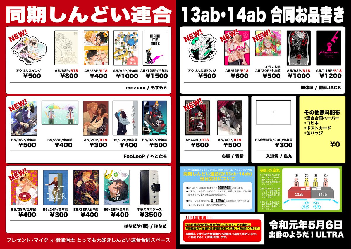 5/6日出番のようだ！ULTRA2019
同期しんどい連合サークルまとめのお品書きです。
4号館か13ab.14abの頒布物はまとめてお選びいただけます。
個別での対応ですと混乱してしまう可能性もあるのでそれらを避ける為、ご協力お願いいたします🙇‍♂️