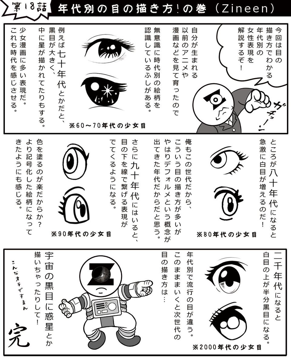 ジニーン Zineen Auf Twitter 本日の漫画更新 エッセイ漫画 コラム漫画 インディーズ漫画 目の描き方 年代別 60 年代 70年代 80年代 90年代 00年代 ガチョーン