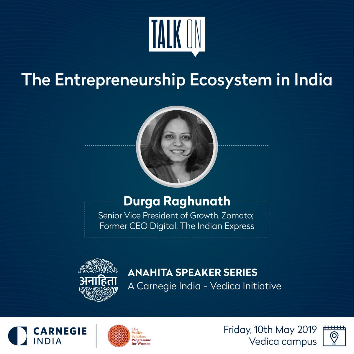 Vedica (@vedicascholars) on Twitter photo Join us for a conversation with <a href="/durgaraghunath/">Durga Raghunath</a>, SVP of Growth at <a href="/Zomato/">zomato</a>, on "The #Entrepreneurship Ecosystem in India" this Friday, 10th May 2019. Register here - bit.ly/2J1ED03
#AnahitaSpeakerSeries <a href="/CarnegieIndia/">Carnegie India</a> Join us for a conversation with <a href="/durgaraghunath/">Durga Raghunath</a>, SVP of Growth at <a href="/Zomato/">zomato</a>, on "The #Entrepreneurship Ecosystem in India" this Friday, 10th May 2019. Register here - bit.ly/2J1ED03
#AnahitaSpeakerSeries <a href="/CarnegieIndia/">Carnegie India</a>
