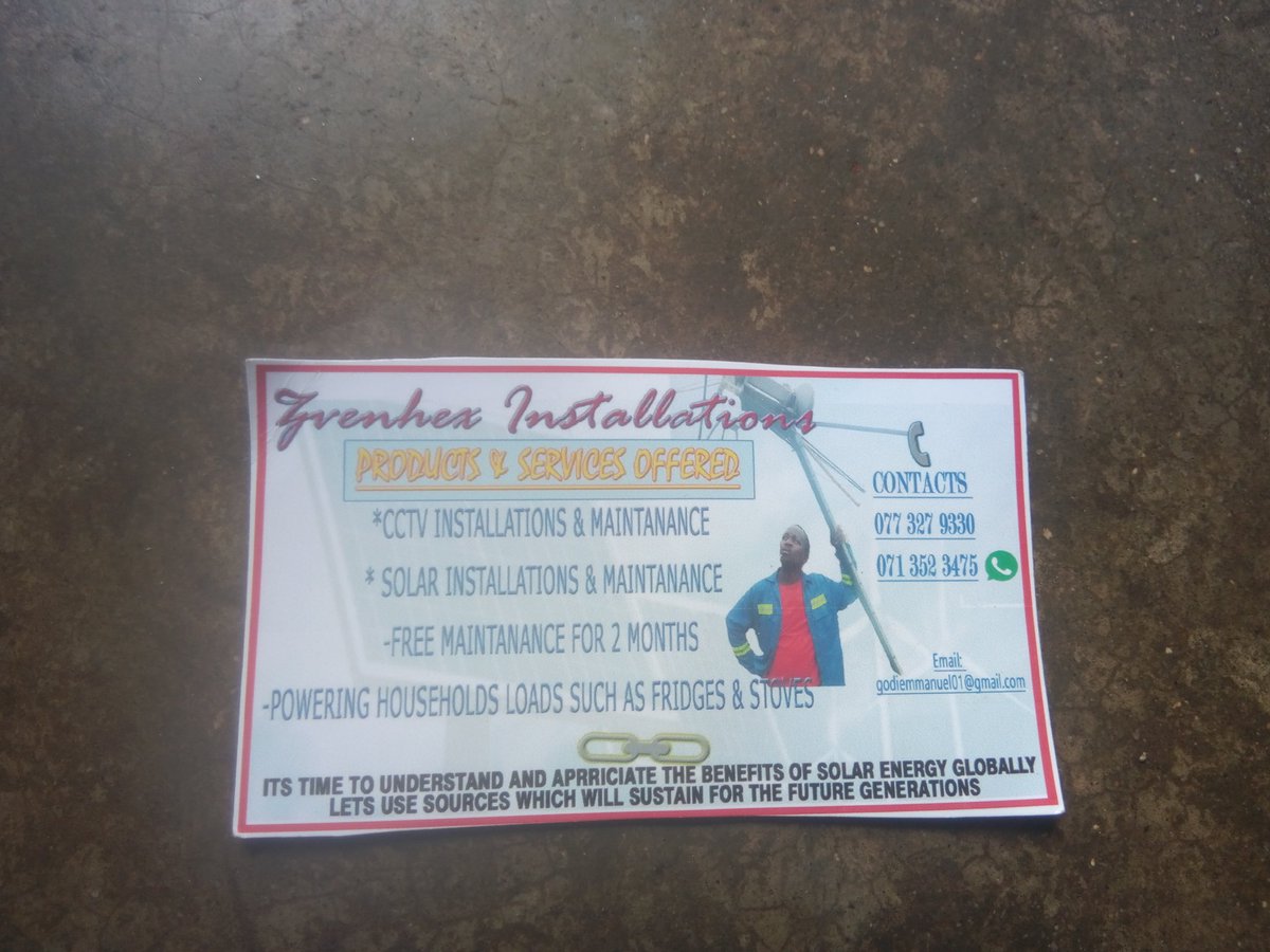 Greetings to you
Its time to understand and appreciate the benefits of cctv and solar energy 🌐 globally, let's use sources which will sustain for the future generations. For more info just contact me on app or calls 24/7 on 00263713523475. I thank you.