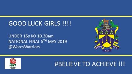 Thanks to our sponsor <a href="/sovexhibitions/">Sovereign</a> for supporting the girls #BBRFCUnder15s National Final. KO at 10:30 Sunday 5th May <a href="/WorcsWarriors/">Worcester Warriors</a> <a href="/Bretthealy4/">Brett Healy</a> 
#believetoachieve <a href="/EnglandRugby/">England Rugby</a> <a href="/Huntheating/">Hunt Heating</a> <a href="/carloss020/">carl southwell</a> @womensrugbyclub #thisgirlcan <a href="/ButtsBarkers/">Barkers butts</a> @RFUWarwickshire