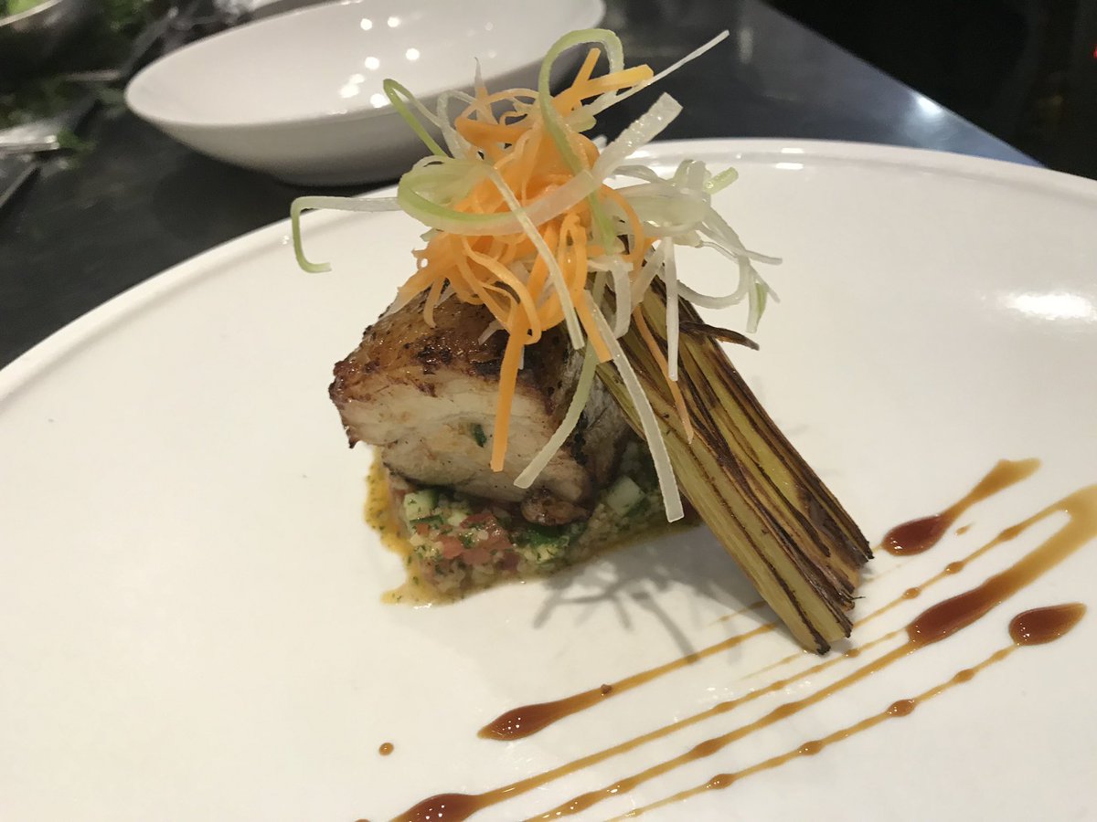 espositofood's tweet photo. Suckling pork belly with couscous and braised leaks, agrodolce on the side. https://t.co/MRDSnxJ1Ej