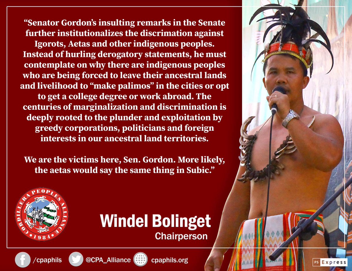 Gordon  dismisses the roots of marginalization and poverty  of indigenous  people, that it is precisely politicians and state policies that  engender the increase of beggars and vagrants dispossessed of land and  denied their livelihood.--@CPA_Alliance @dkk_ph